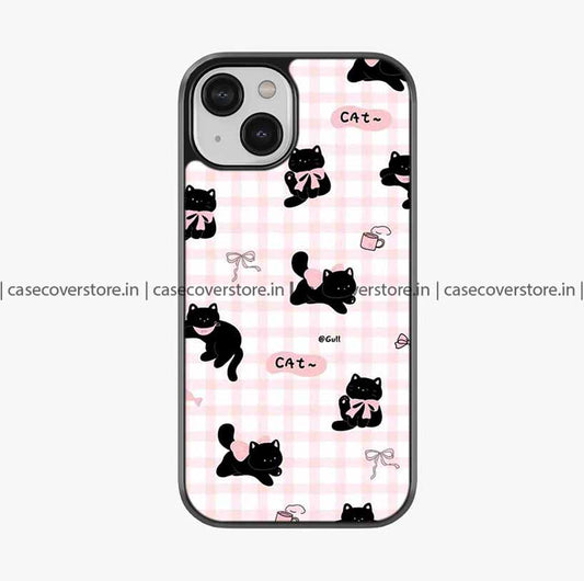 Black Cat  Pink Checks Premium Glossy Phone Case