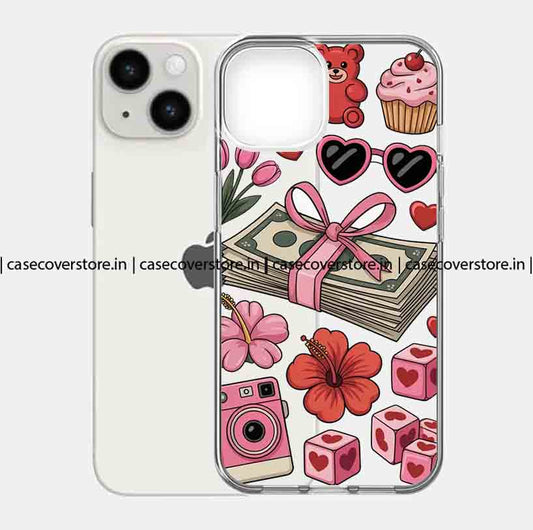 Pink Flower & Hearts Clear Silicone Phone Case